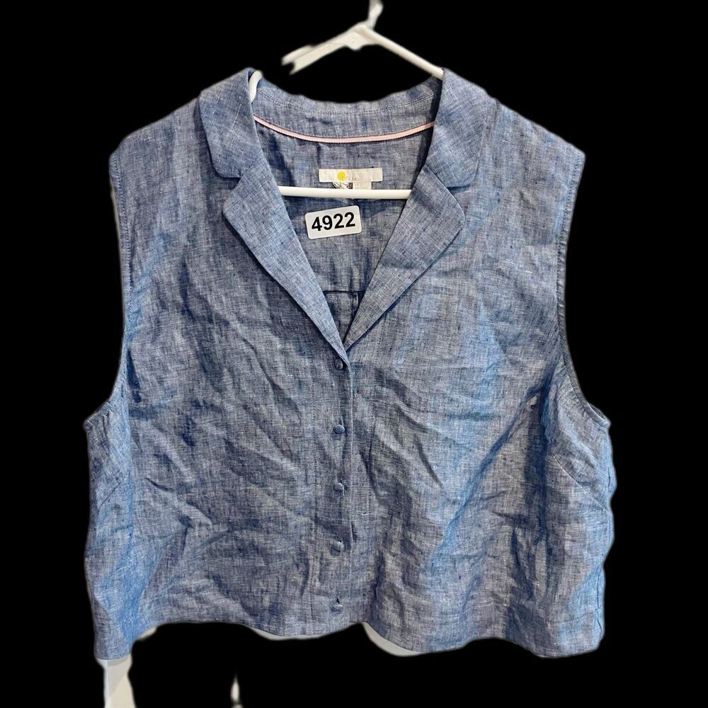 Boden Chambray Cropped Sleeveless Top Blue Linen 20/22 Collared Button Down - Picture 3 of 13